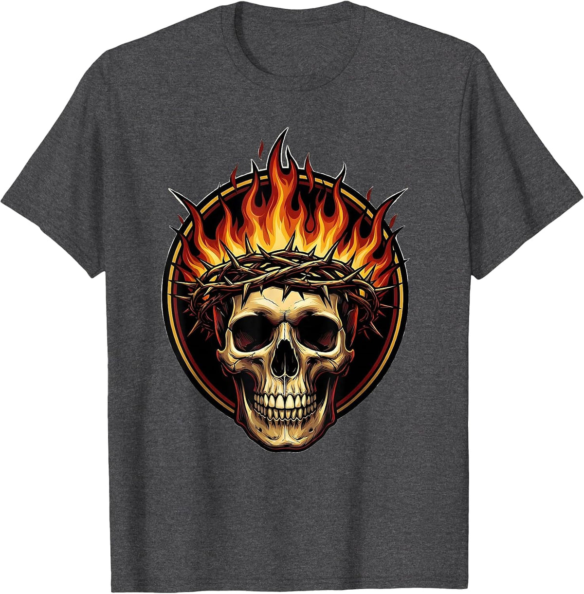 Skull Burning Crown of Thorns Gothic Art T-Shirt - Dark Heather Grey