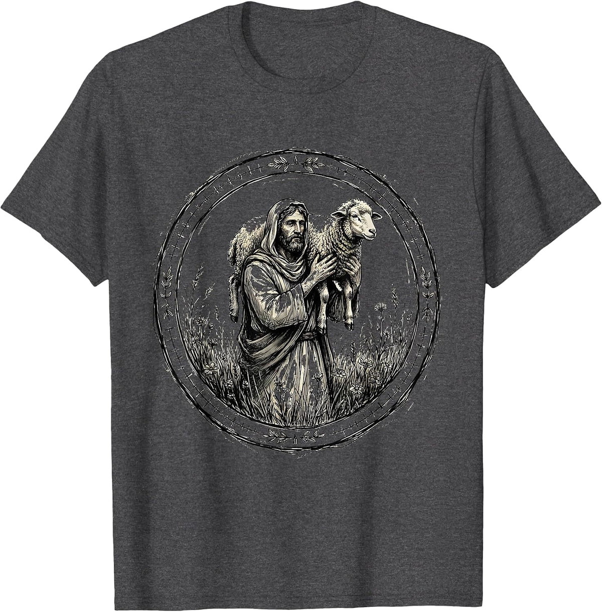 Jesus Loves You Shepherd Carrying Lost Sheep T-Shirt - Dark Heather Grey