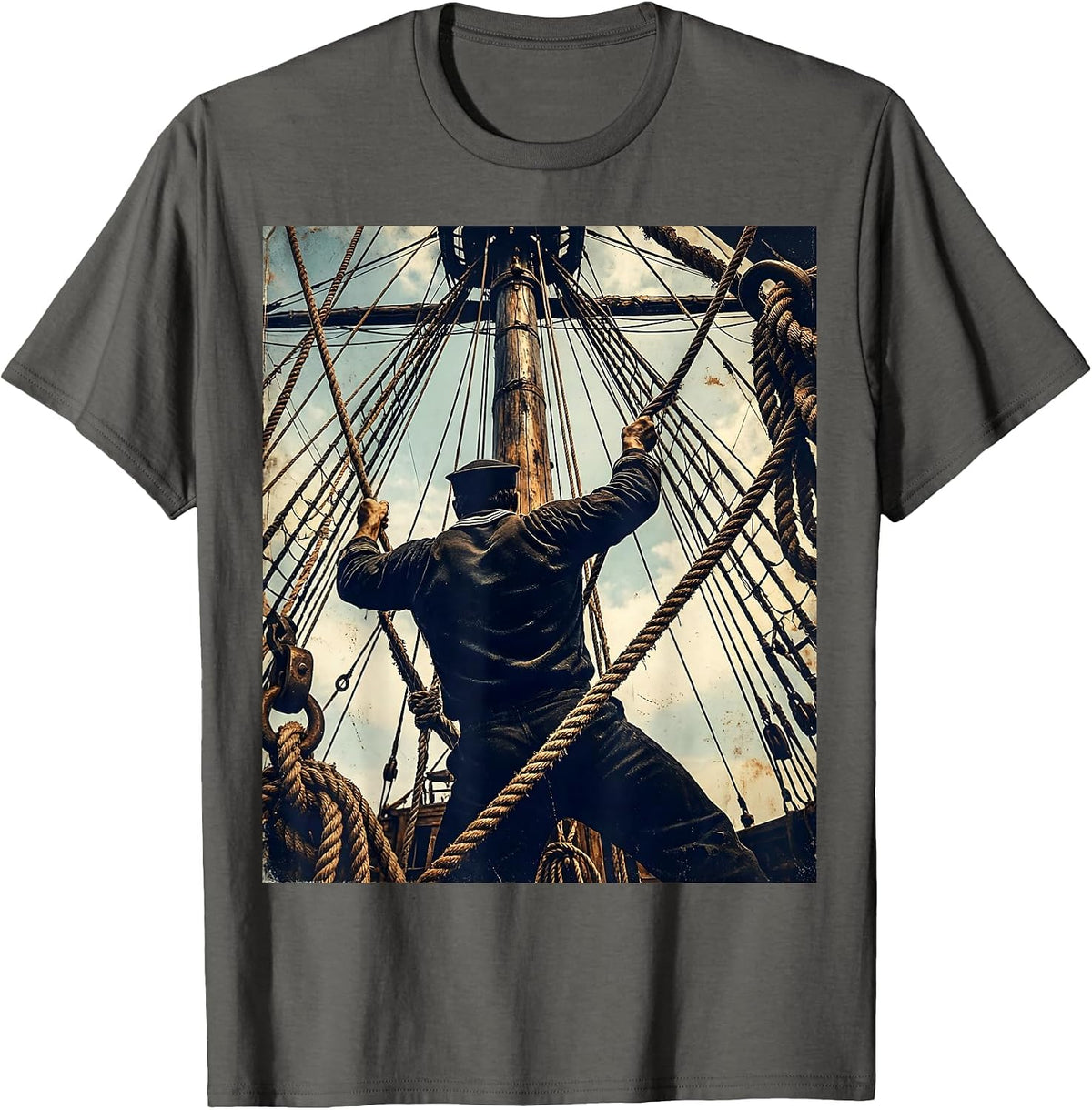Muscular Sailor Climbing Ship Rigging Graphic T-Shirt - Asphalt Grey