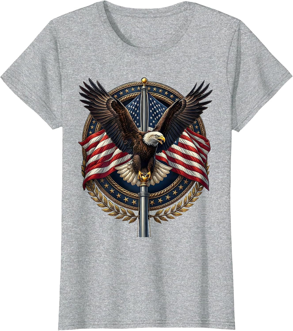 Women's Bald Eagle American Flag Pole Patriotic Design T-Shirt - Heather Grey