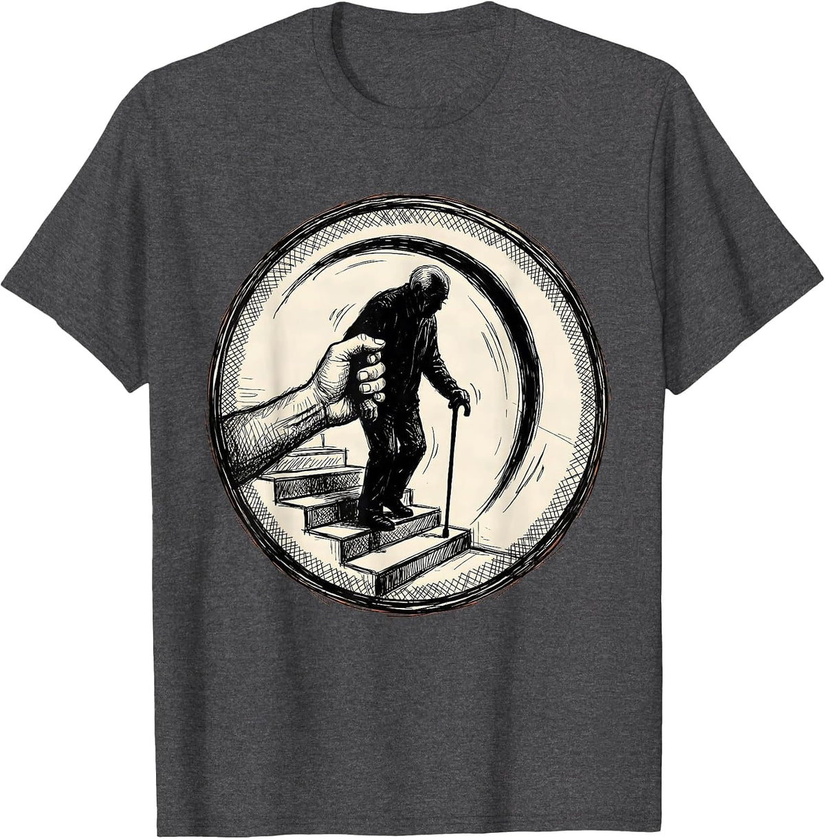 Men's Caregiver Helping Elderly on Steps Fall Prevention T-Shirt - Dark Heather Grey