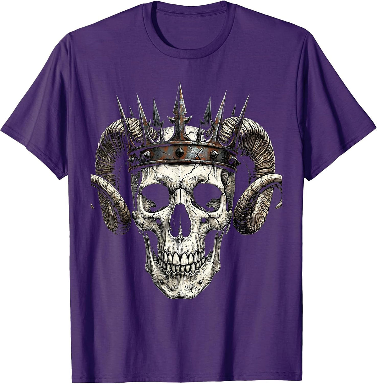 Skull Iron Crown and Horns Metal Art Design T-Shirt - Purple
