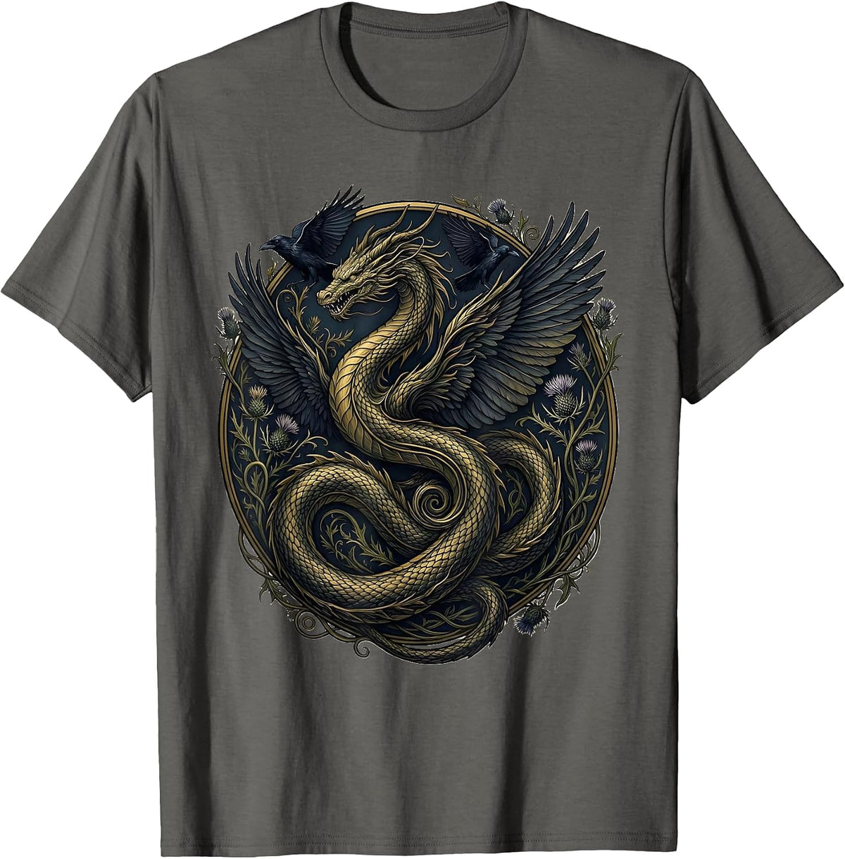 Dragon Dissolving Into Ravens Dark Fantasy Art T-Shirt - Asphalt Grey