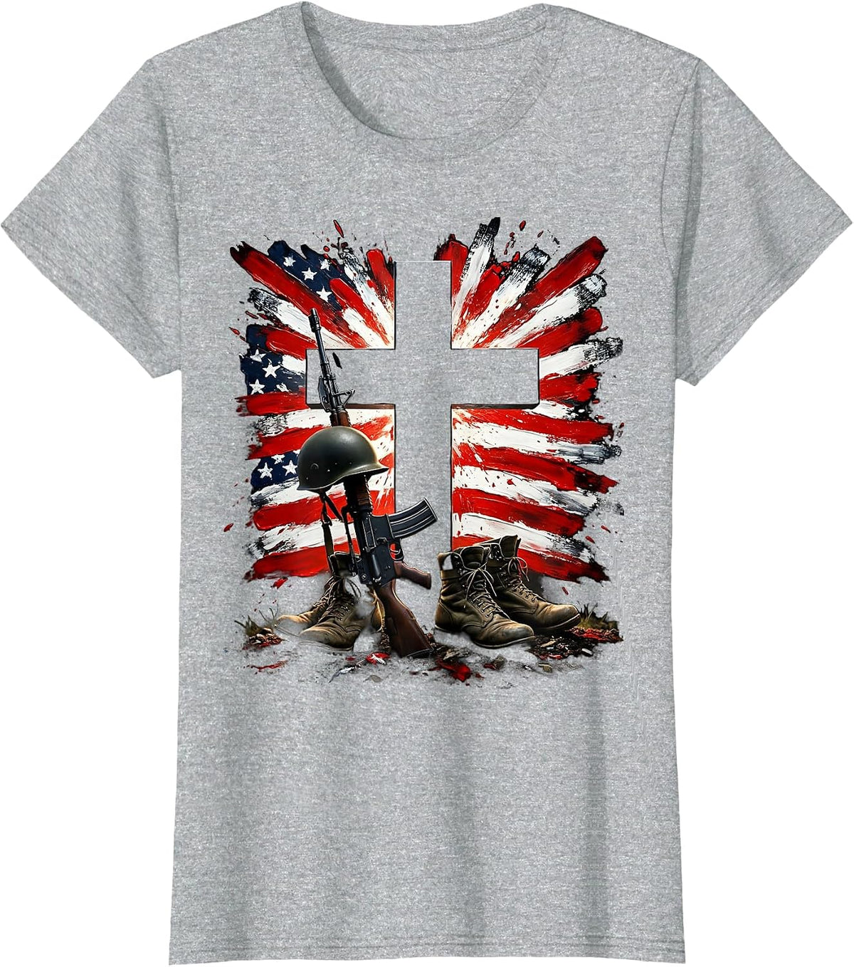 Battlefield Cross Memorial Boots and Rifle Illustration T-Shirt - Heather Grey