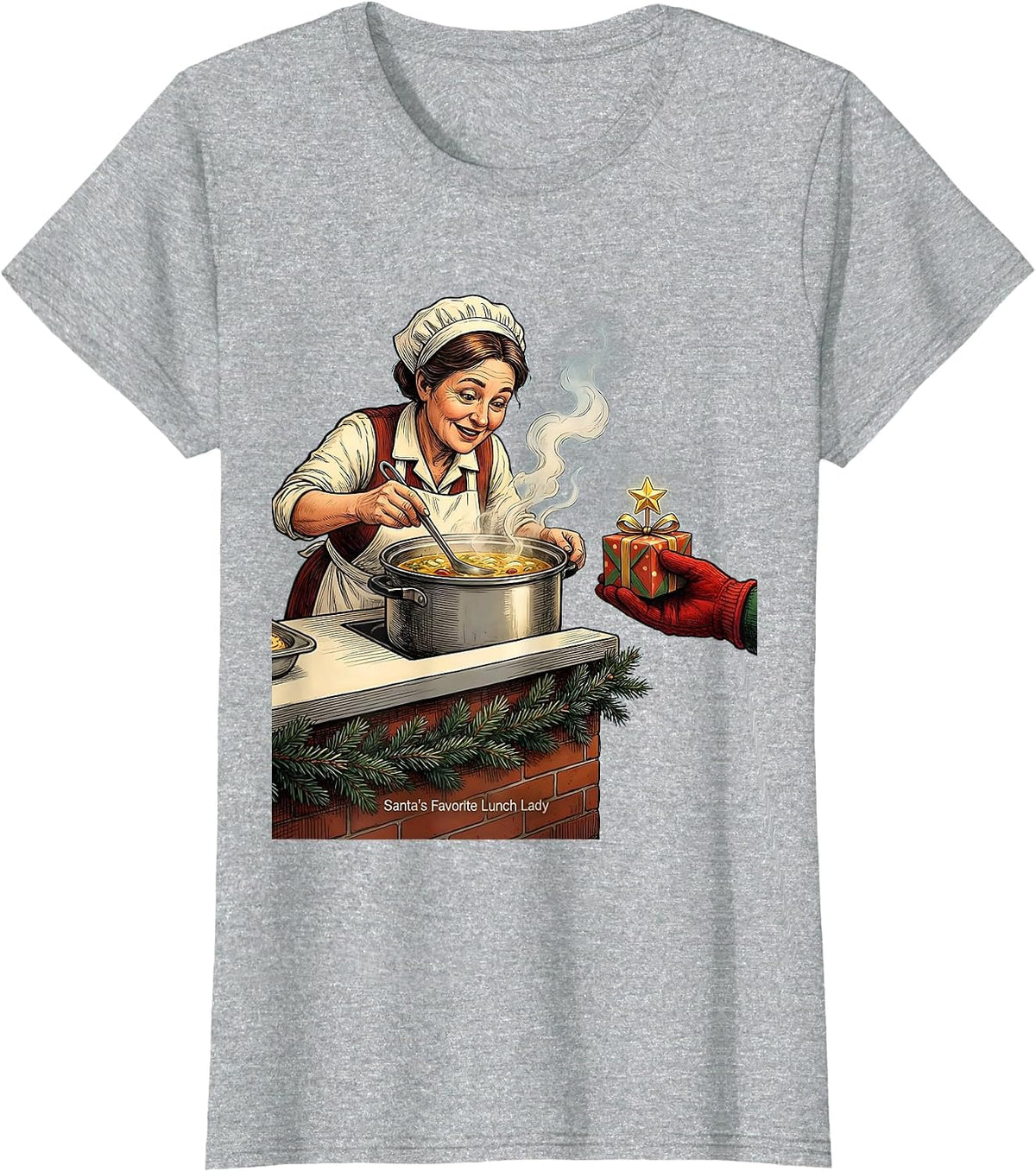 Women's Santa's Favorite Lunch Lady Funny School Staff Christmas T-Shirt - Heather Grey