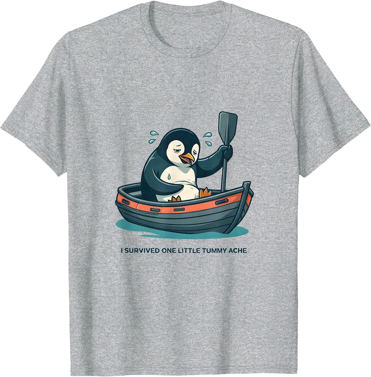I Survived One Little Tummy Ache Funny Penguin Meme Humor T-Shirt, Men, Heather Grey, X-Large - As Pictured