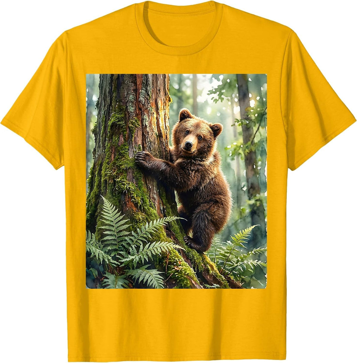 Bear Cub Climbing Mossy Forest Tree Illustration T-Shirt - Golden Yellow