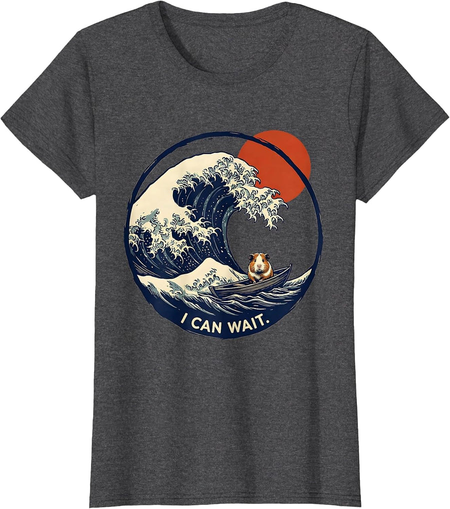 Women's I Can Wait Linocut Japanese Art Animal Meme Humor T-Shirt - Dark Heather Grey