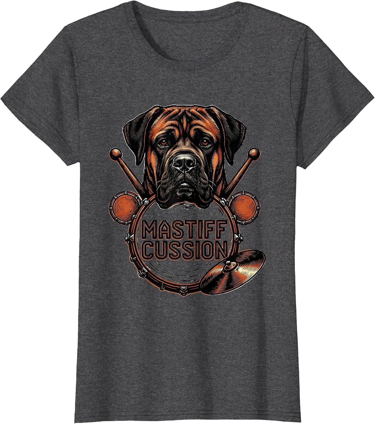 Women's Mastiffcussion Linocut Funny Pet Drummer Rock Humor T-Shirt - Dark Heather Grey