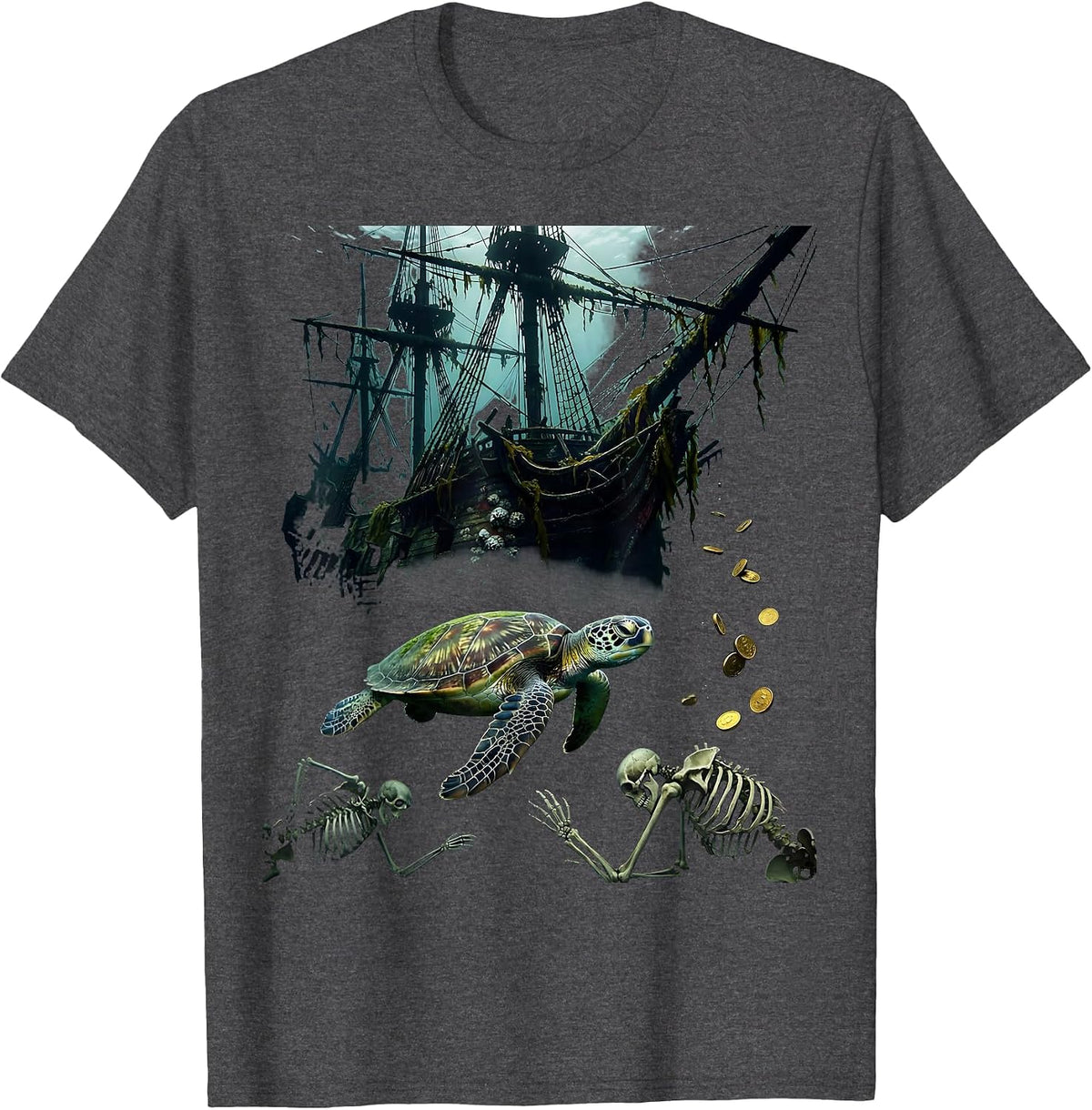 Sea Turtle Shipwreck Pirate Ocean Art T-Shirt - Dark Heather Grey