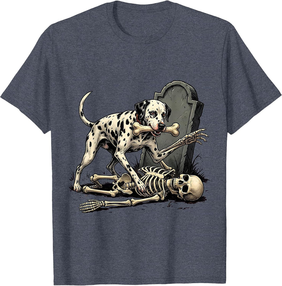 Spotted Dalmatian Chasing Skeleton Funny Dog Mom Halloween T-Shirt - Heather Blue