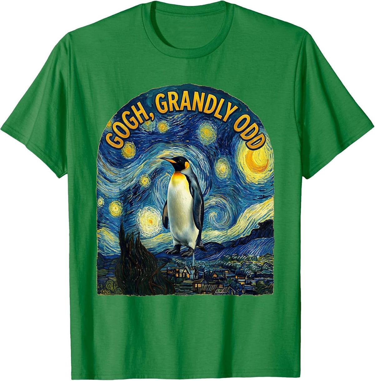 Men's Gogh, Grandly Odd Funny Van Gogh Art Penguin Lover Humor T-Shirt - Kelly Green