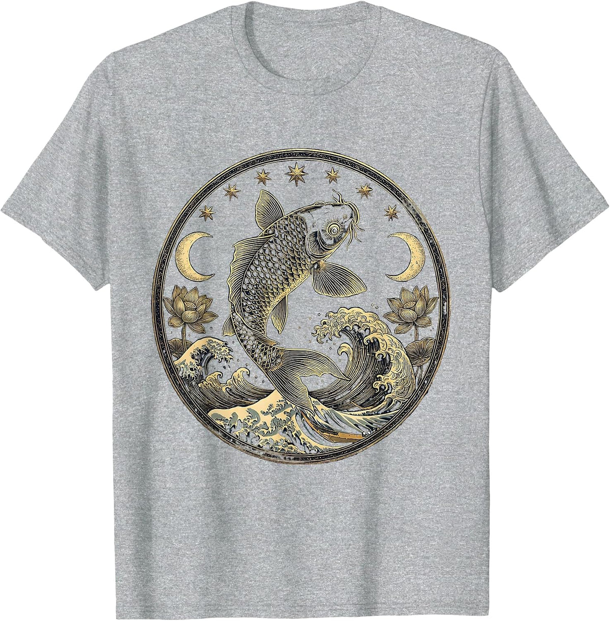 Men's Koi Fish Leaping Over Crashing Wave Japanese Art T-Shirt - Heather Grey