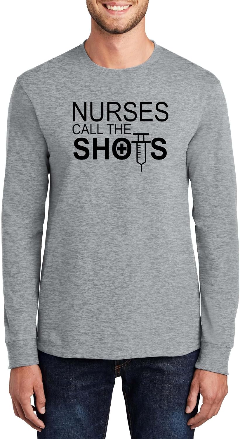 Nurses Call the Shots Funny Nurse Syringe Graphic Top Cotton Tee Adult Youth Tall Men Women - Mens Long Sleeve Sport Grey