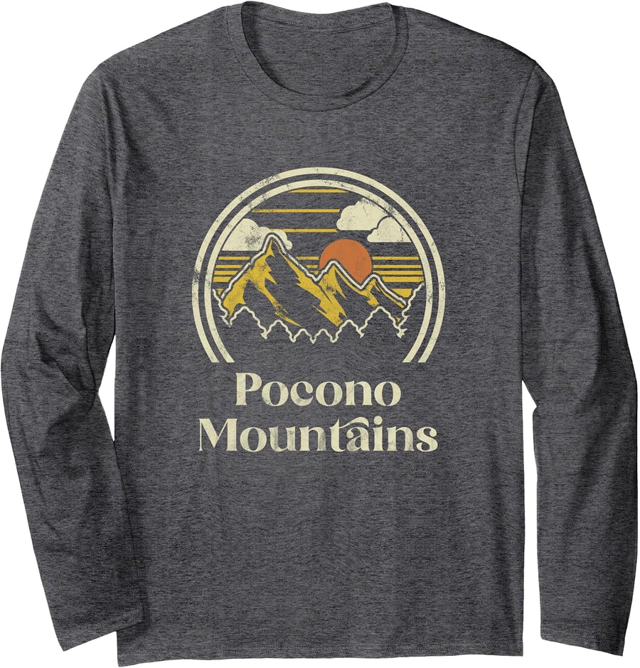 Pocono Mountains Mountains Pennsylvania Hiking Retro Long Sleeve T-Shirt - Adult Unisex Dark Heather Grey