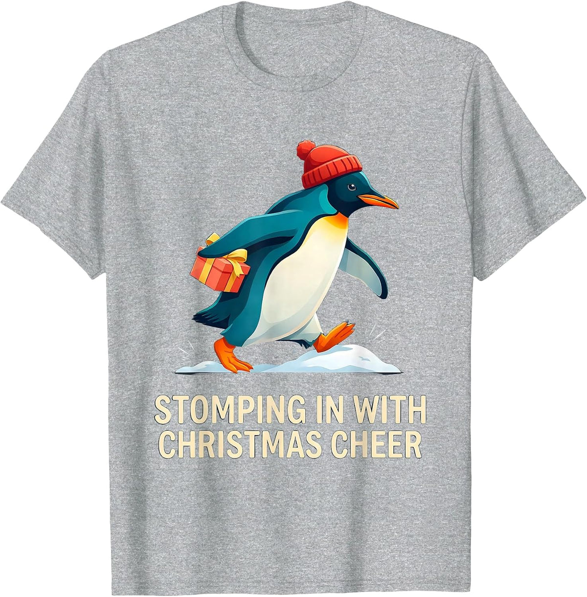 Men's Stomping In With Christmas Cheer Funny Penguin Lover T-Shirt - Heather Grey
