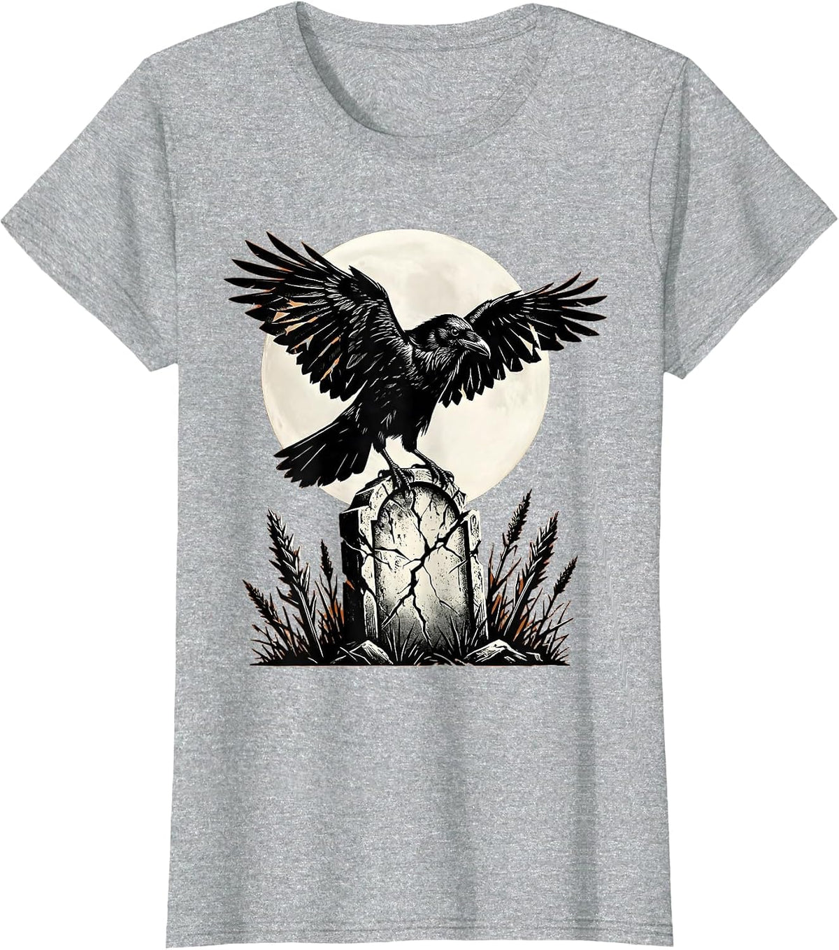 Raven on Gravestone Halloween Gothic Design T-Shirt - Heather Grey