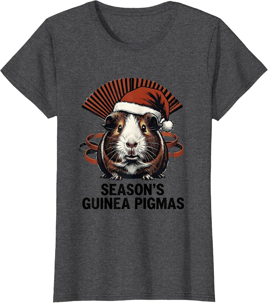 Women's Season's Guinea Pigmas Funny Santa Hat Pet Lover Christmas T-Shirt - Dark Heather Grey