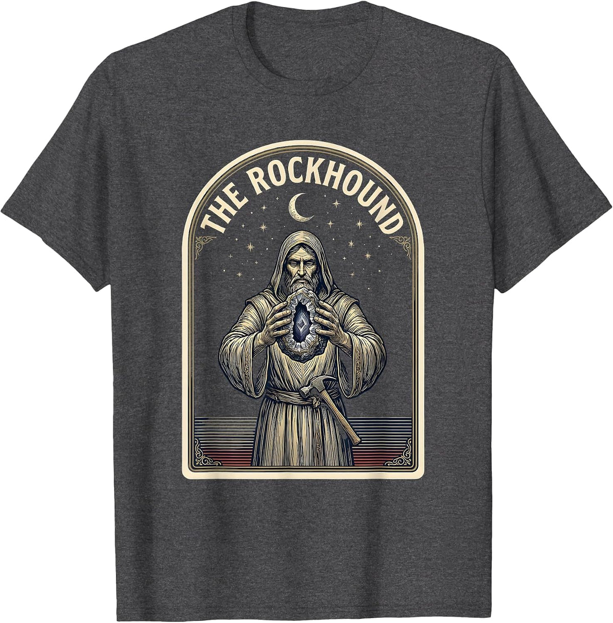 Men's The Rockhound Occult Emblem Hobbyist Tarot Card Humor T-Shirt - Dark Heather Grey