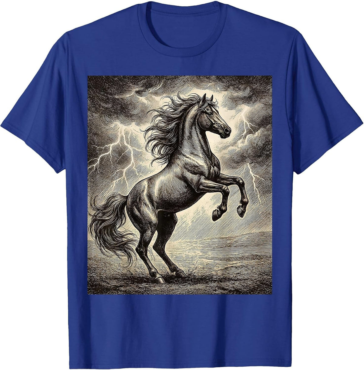 Wild Stallion Rearing Storm Sky Horse Graphic T-Shirt - Royal Blue