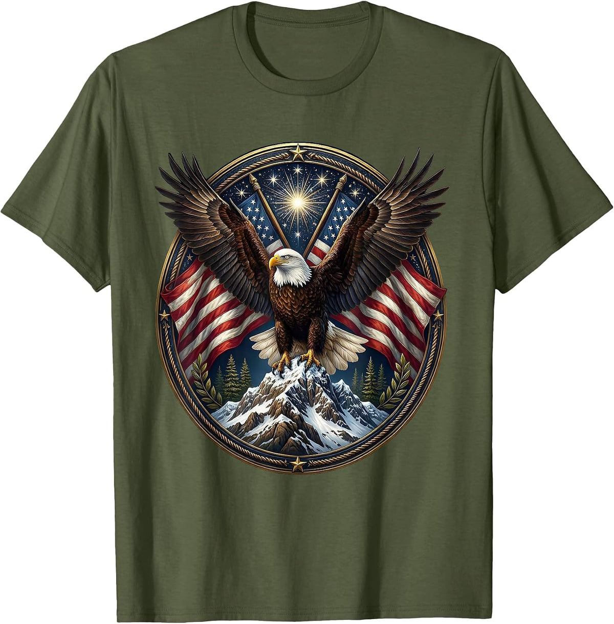 Bald Eagle Mountain Peak American Pride Graphic T-Shirt - Olive Green