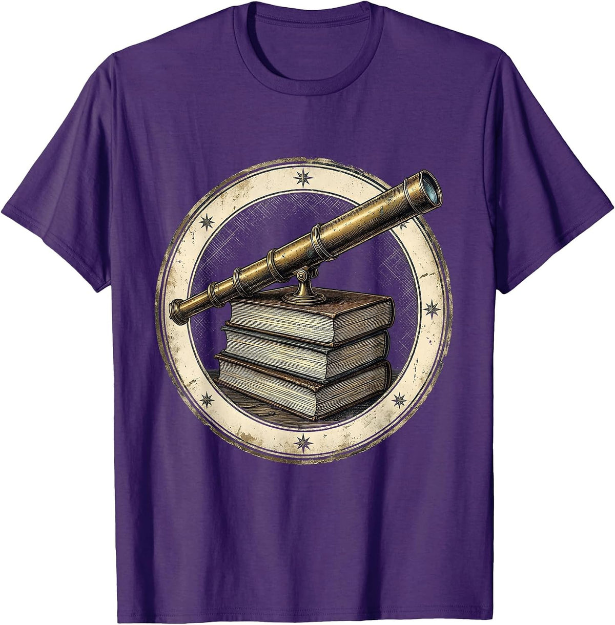 Telescope on Astronomy Books Stargazing Illustration T-Shirt - Purple
