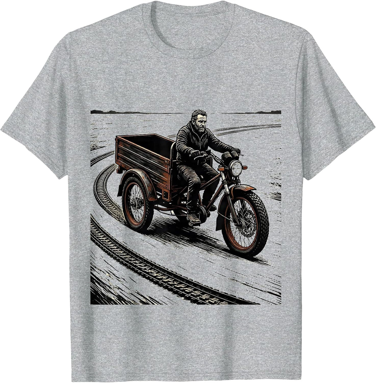 Men's Old Guy Trike Linocut Cycling Humor T-Shirt - Heather Grey
