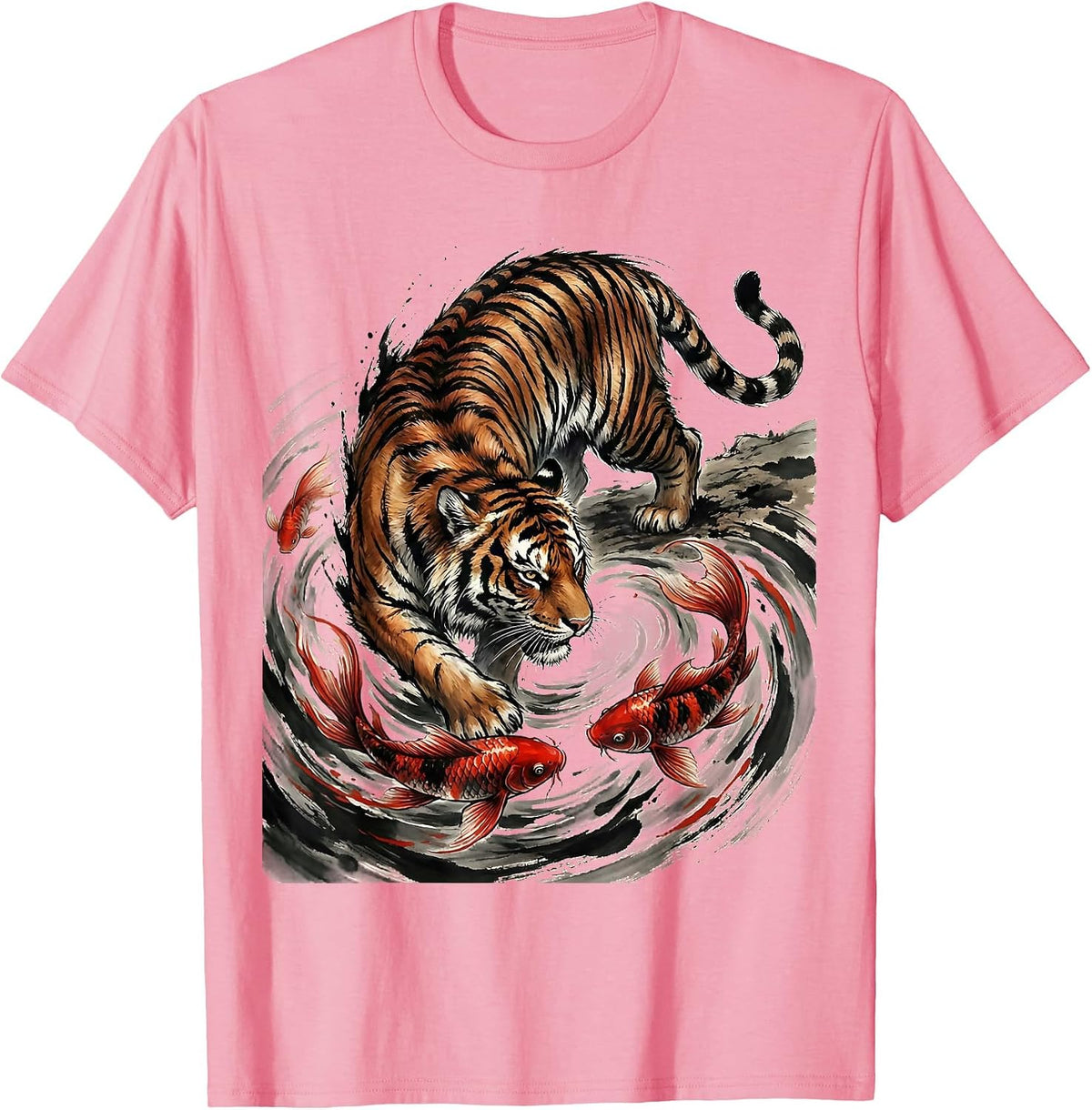 Men's Tiger and Koi Fish Swirling Pattern Graphic T-Shirt - Pink