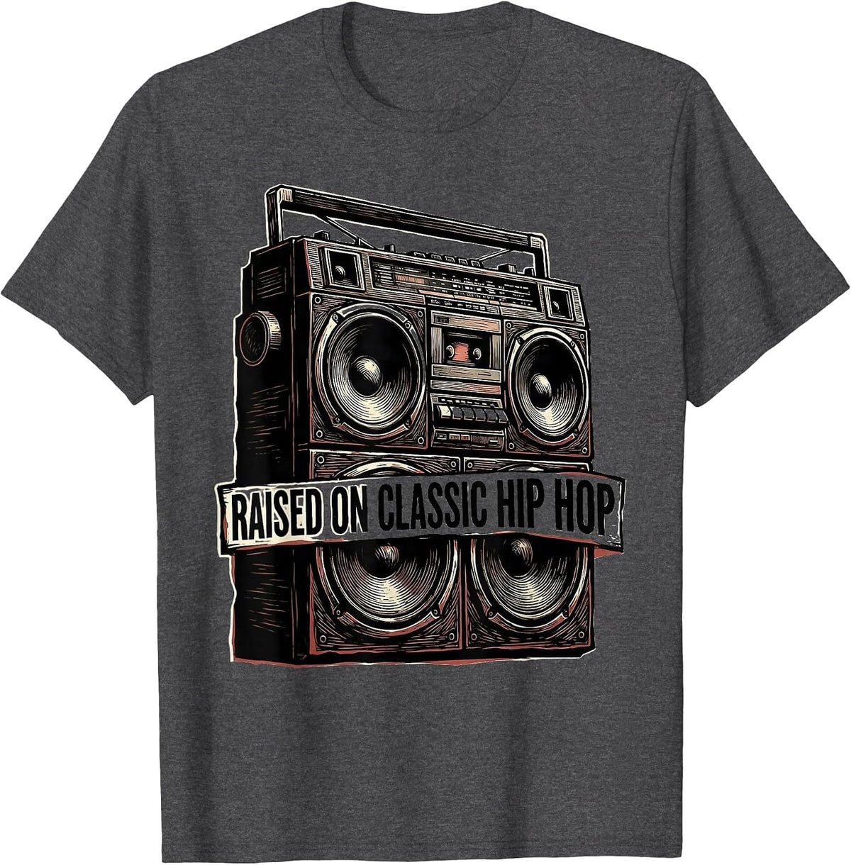 Raised On Classic Hip Hop Linocut Retro Cassette Nostalgia T-Shirt - Dark Heather Grey