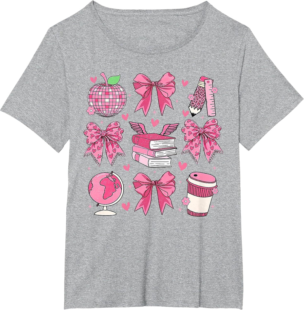Coquette Pink Bow Apple Teacher Appreciation Valentine Day T-Shirt - Heather Grey