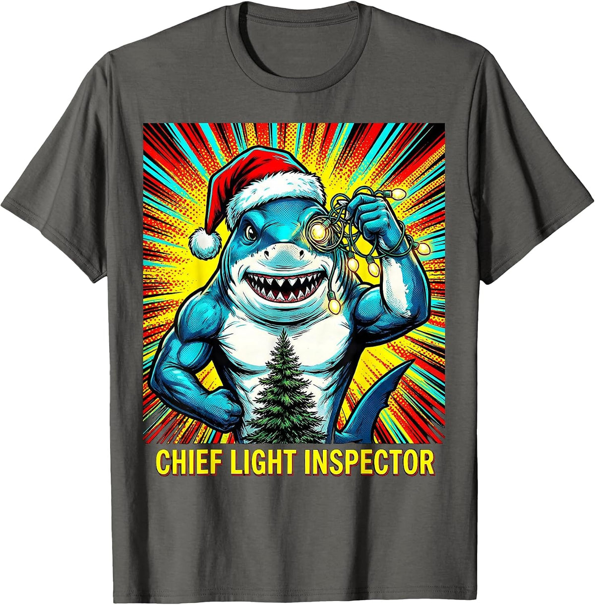Chief Light Inspector Pop Art Funny Shark Santa Hat T-Shirt - Asphalt Grey