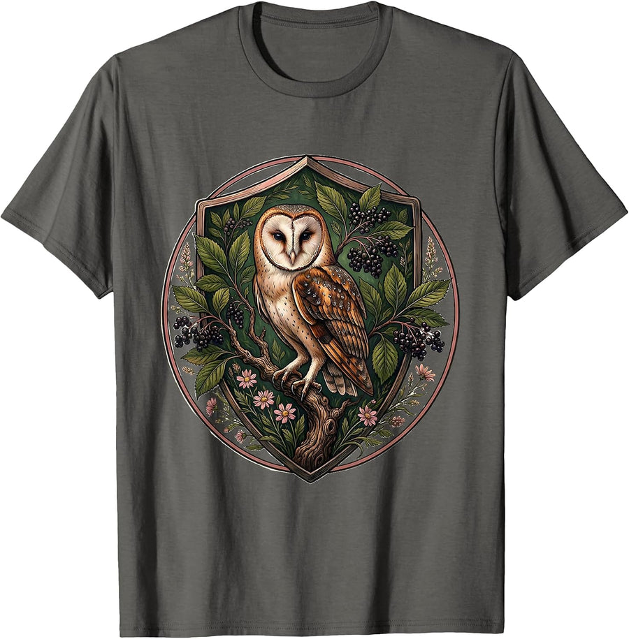 Round Shield Barn Owl Cottagecore Floral Nature Lover T-Shirt - Asphalt Grey
