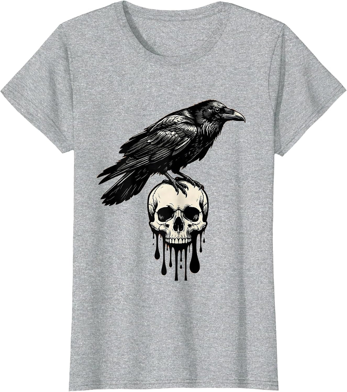 Raven Perched on Dripping Skull Halloween Design T-Shirt - Heather Grey
