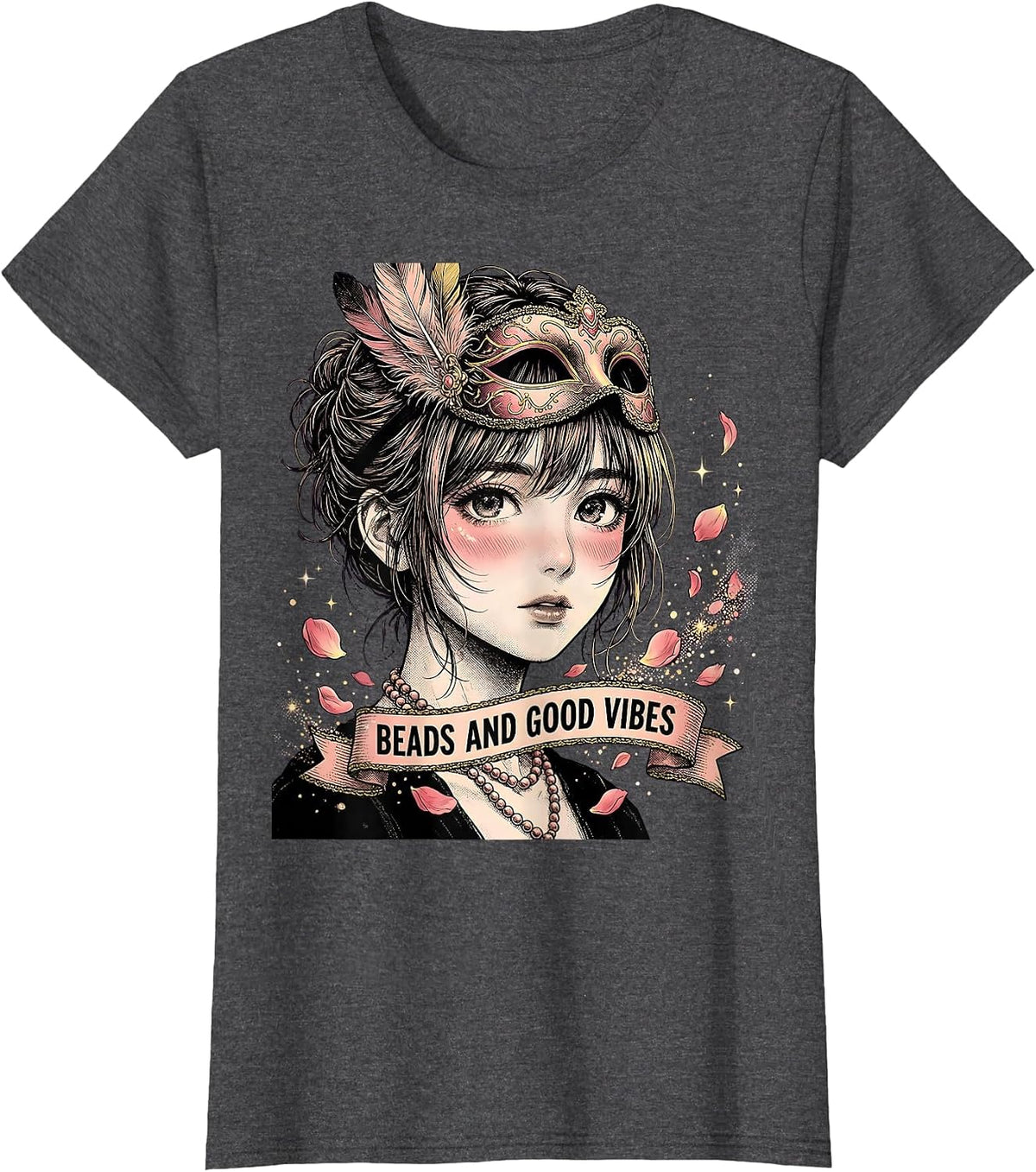 Women's Beads and Good Vibes Mardi Gras Design T-Shirt - Dark Heather Grey