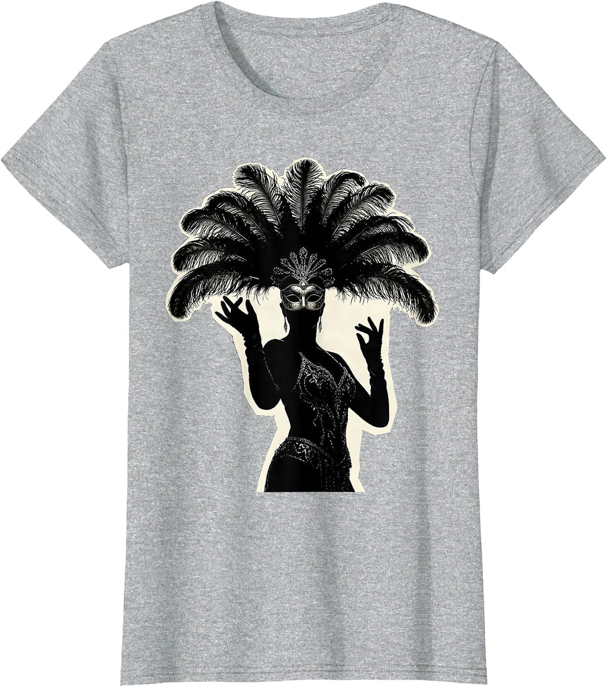 Masked Showgirl Venetian Feather Mask Illustration T-Shirt - Heather Grey