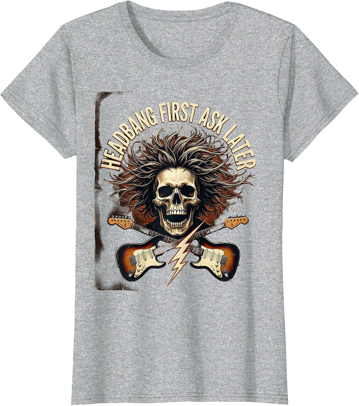 Women's Headbang First Ask Later 90s Rock Band Design T-Shirt - Heather Grey