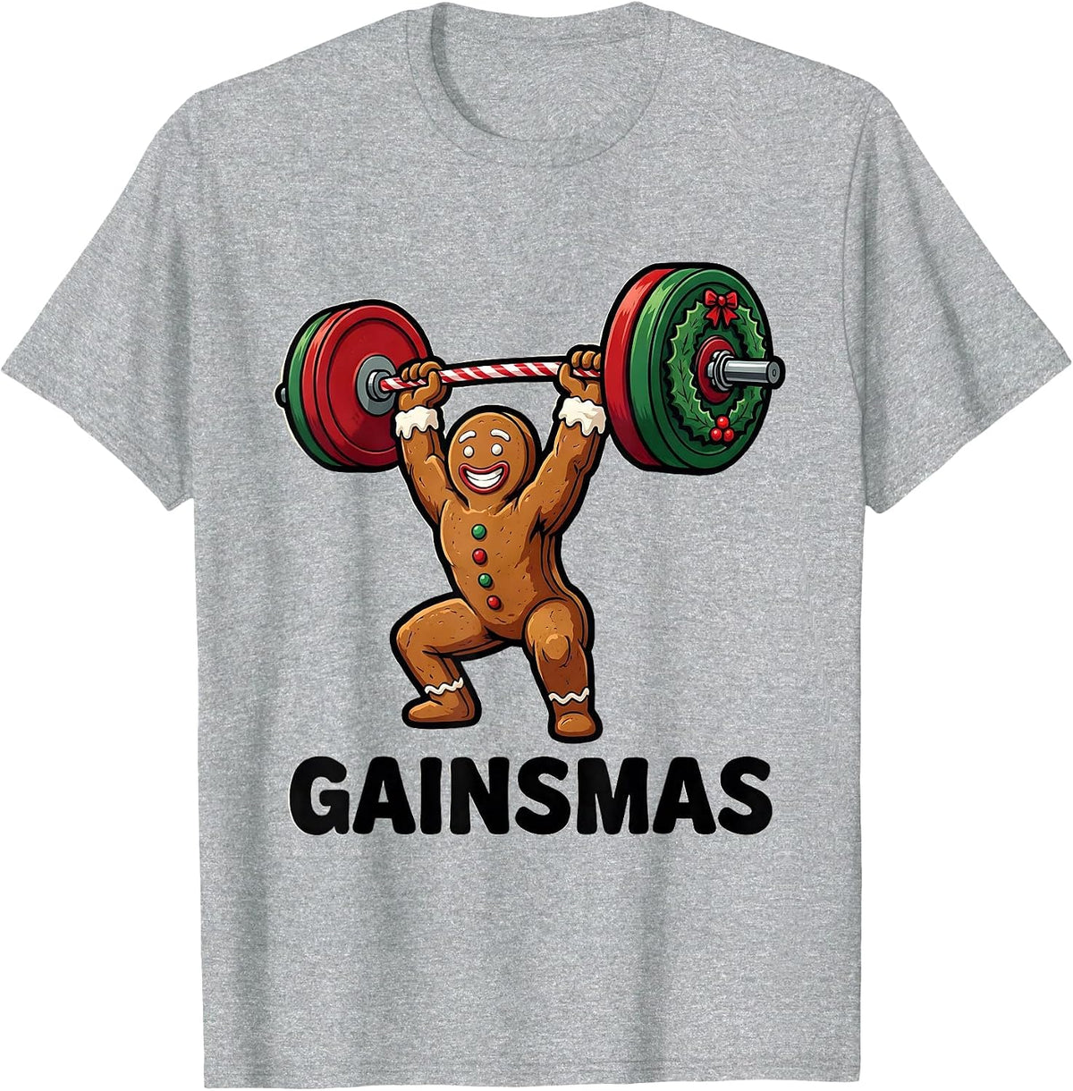 Men's Gainsmas Cartoon Gingerbread Lifter Funny Christmas Gym T-Shirt - Heather Grey