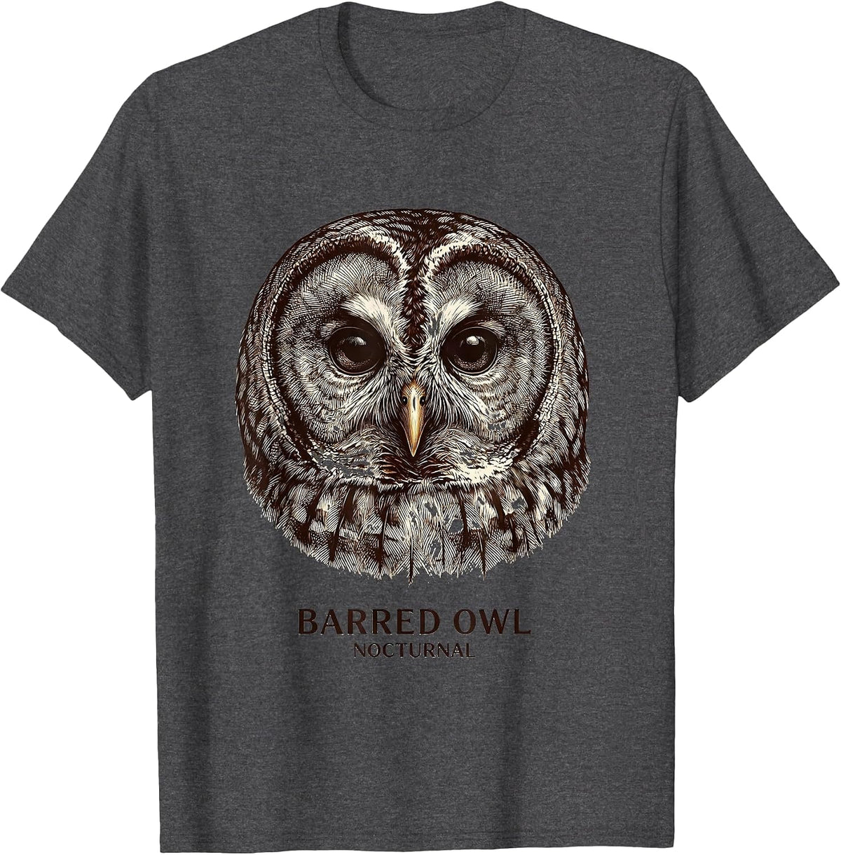 Barred Owl Nocturnal Crosshatch Wildlife Portrait Animal Art T-Shirt - Dark Heather Grey