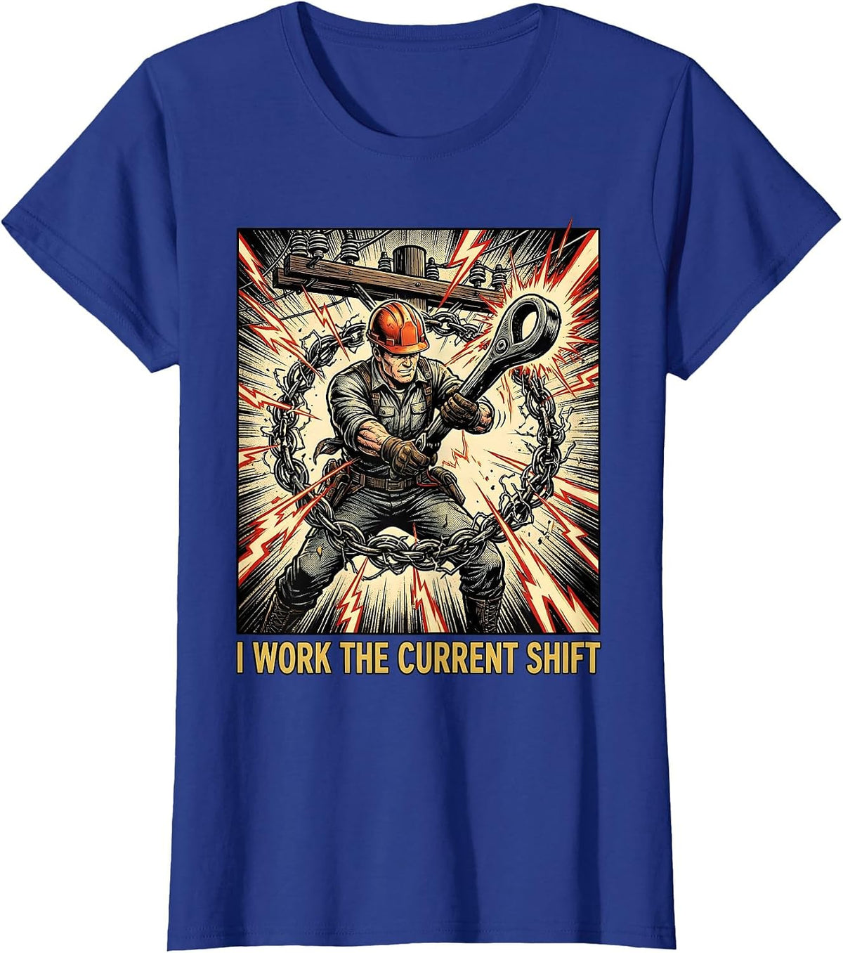 Women's I Work The Current Shift Funny Electrician Lineman Dark T-Shirt - Royal Blue