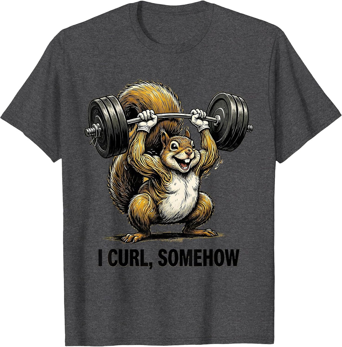 Men's I Curl Somehow Retro Cartoon Funny Gym Workout Weightlifting T-Shirt - Dark Heather Grey