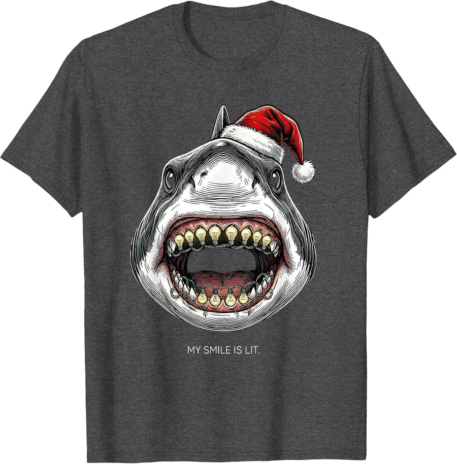 Men's My Smile Is Lit Funny Shark Santa Hat Christmas Lights Humor T-Shirt - Dark Heather Grey