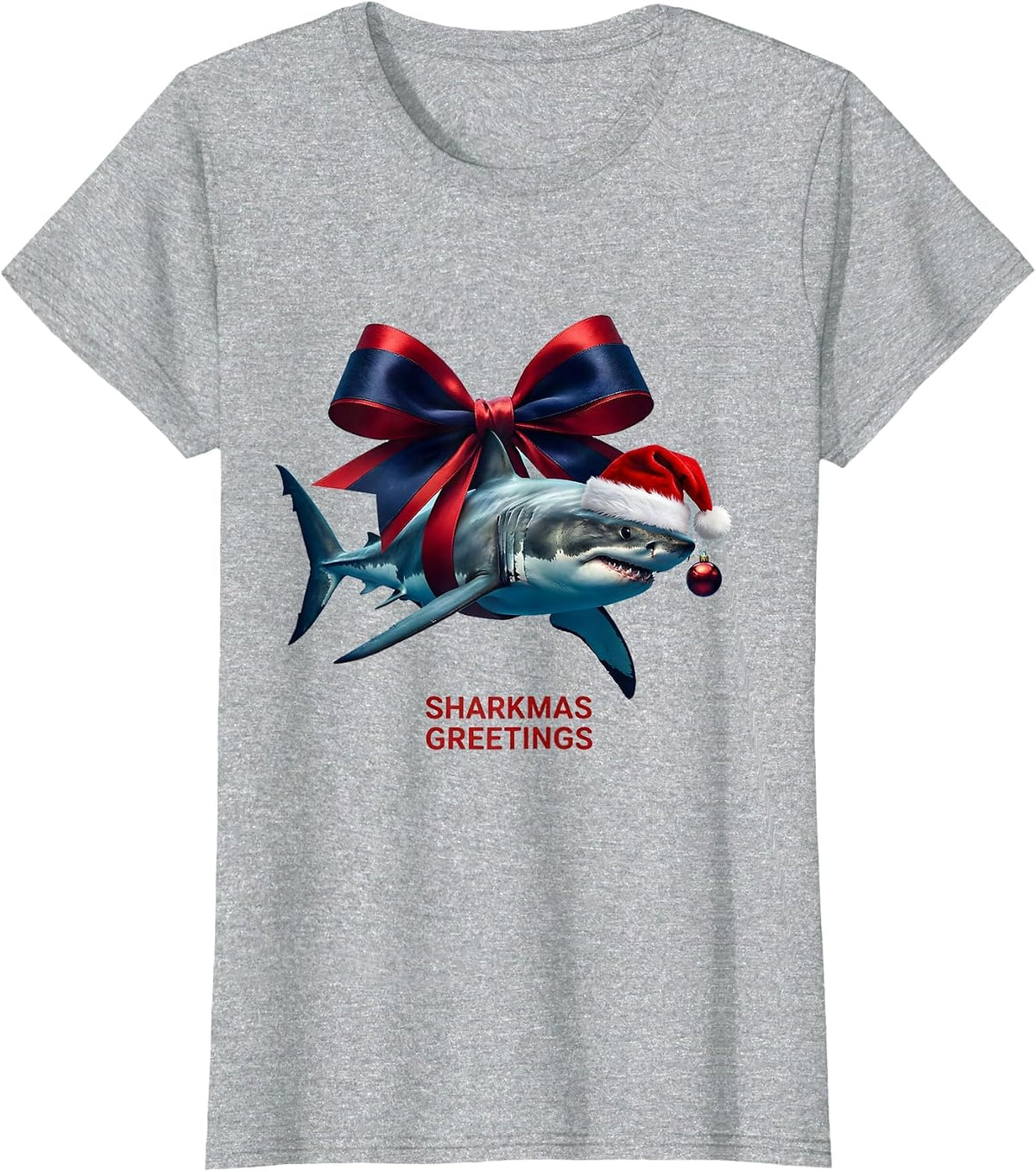 Sharkmas Greetings Funny Shark Santa Hat Christmas Lights T-Shirt - Heather Grey