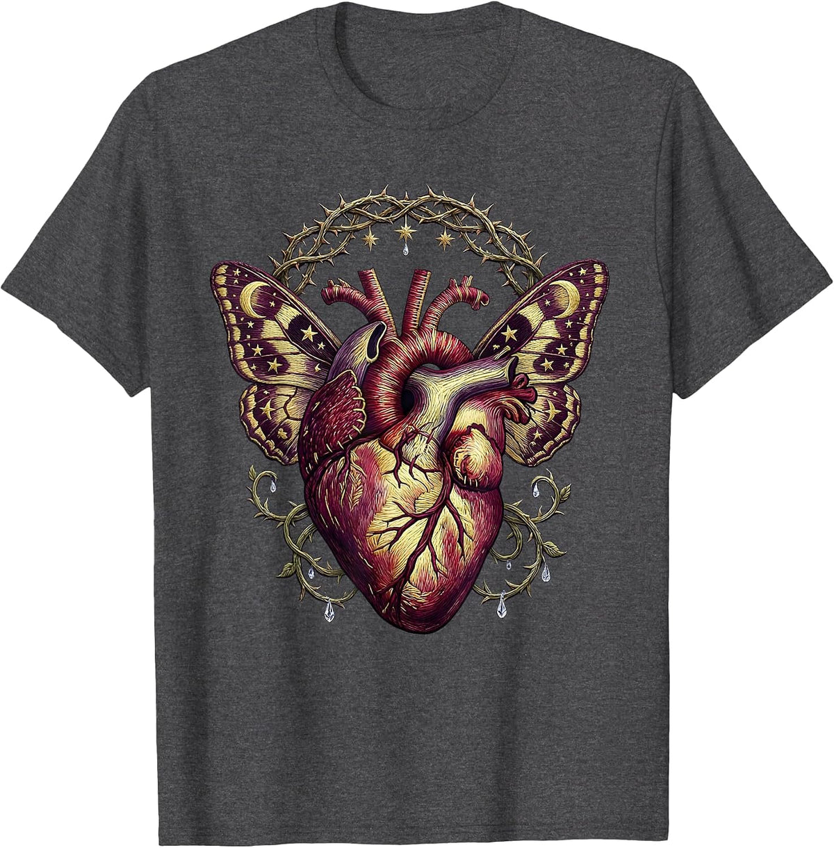 Emo Anatomical Heart With Wings and Stitches T-Shirt - Dark Heather Grey