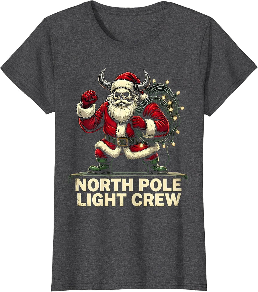 Women's North Pole Light Crew Cartoon Heavy Metal Santa Claus T-Shirt - Dark Heather Grey