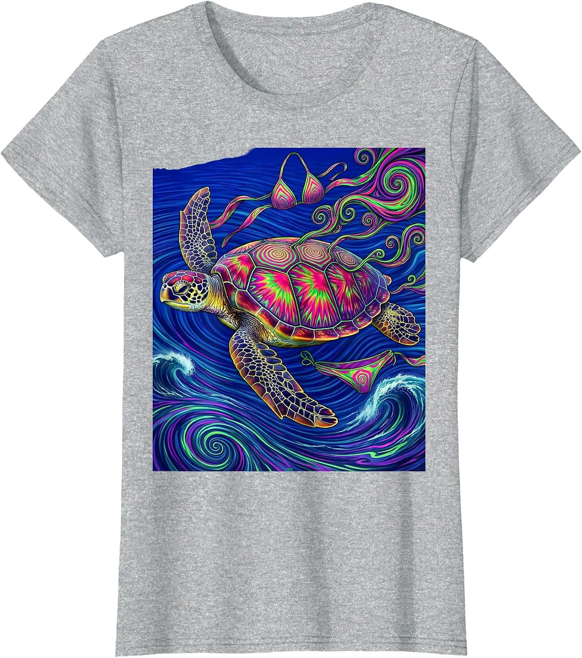 Sea Turtle Swimming Past Drifting Bikini T-Shirt - Heather Grey