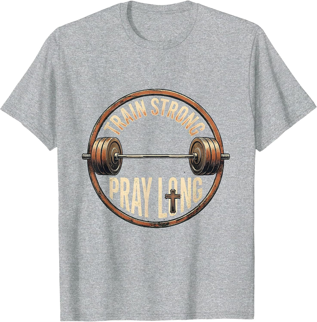 Men's Train Strong Pray Long Vintage Christian Gym Faith T-Shirt - Heather Grey