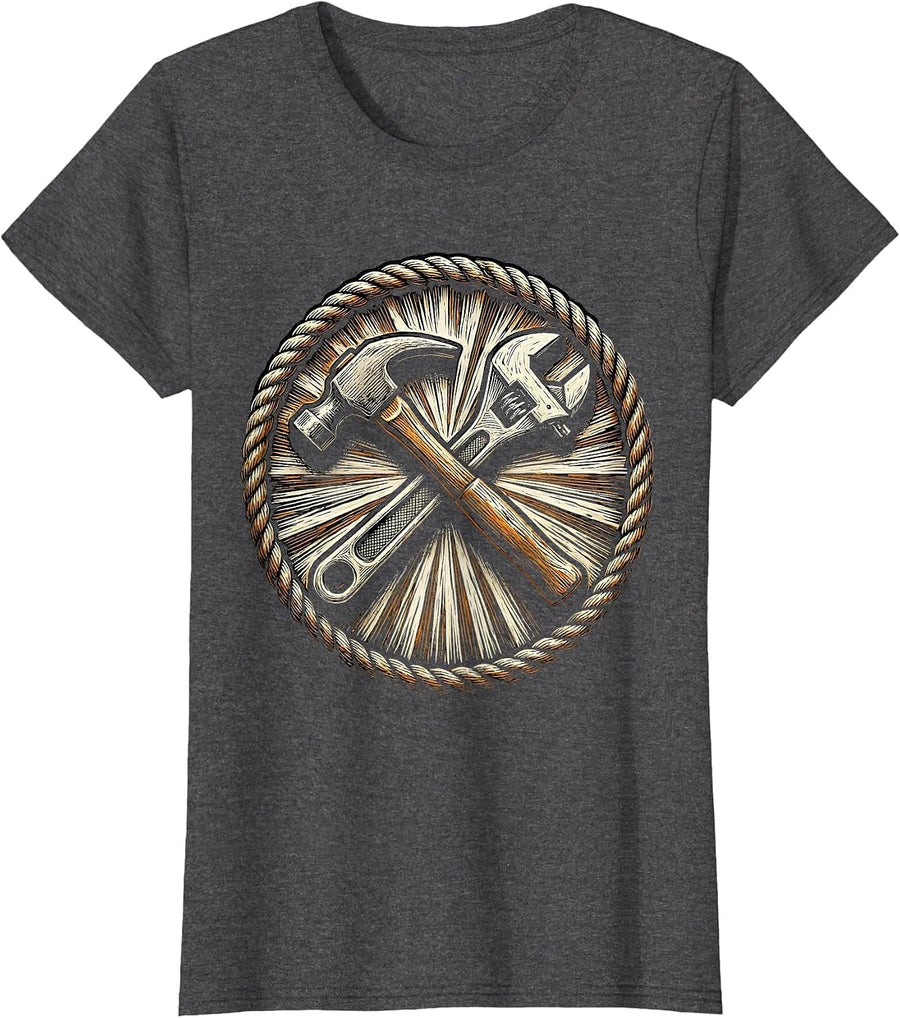 Women's Blue Collar Crossed Sledgehammer and Pipe Wrench T-Shirt - Dark Heather Grey