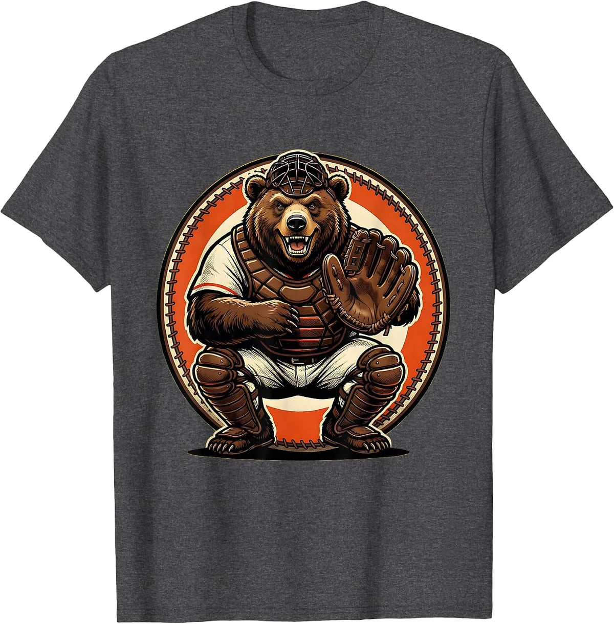 Men's Bear Catcher Baseball Graphic Tee T-Shirt - Dark Heather Grey