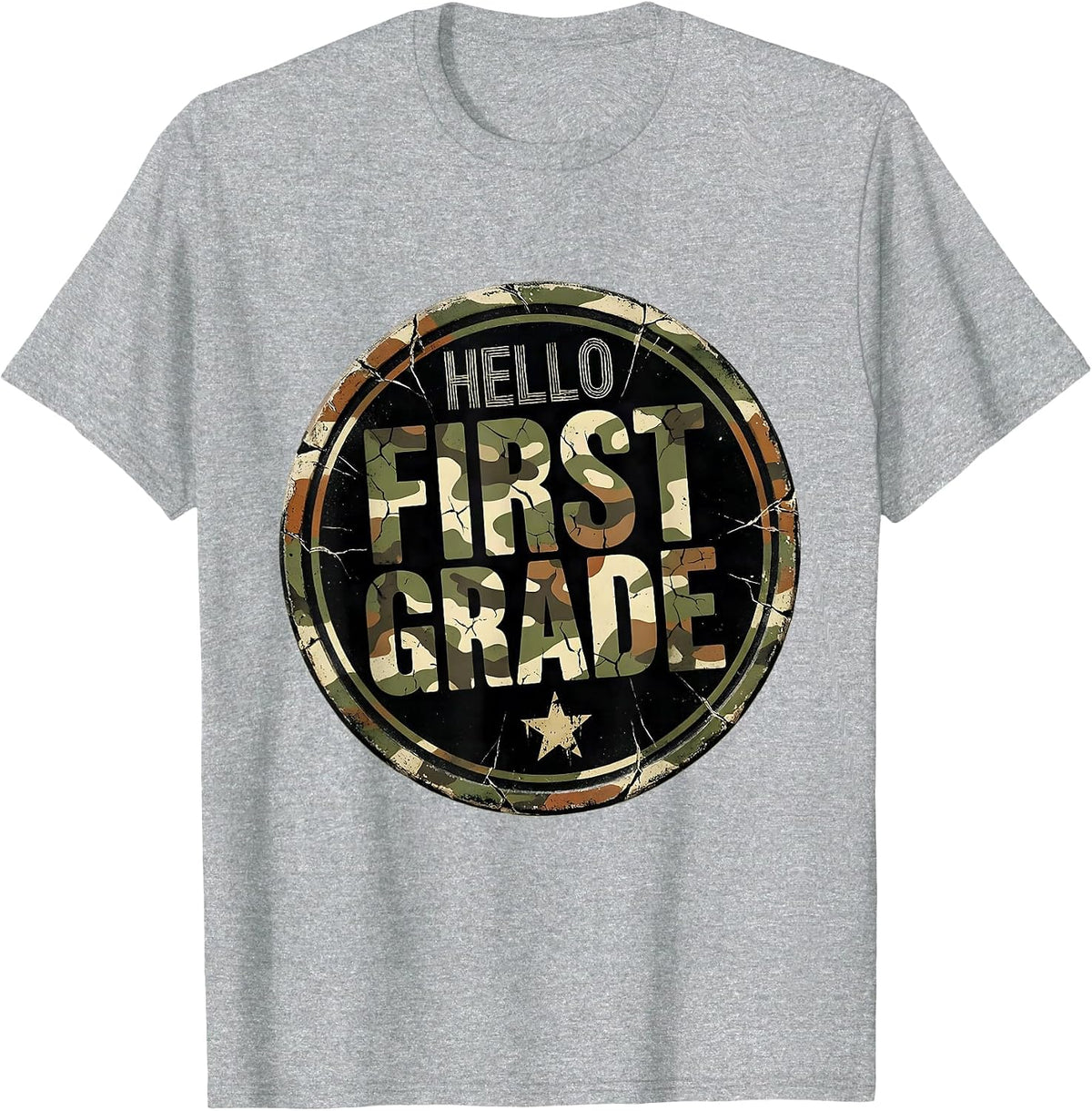 Men's Hello First Grade Distressed Camo First Day Of School Boys T-Shirt - Heather Grey