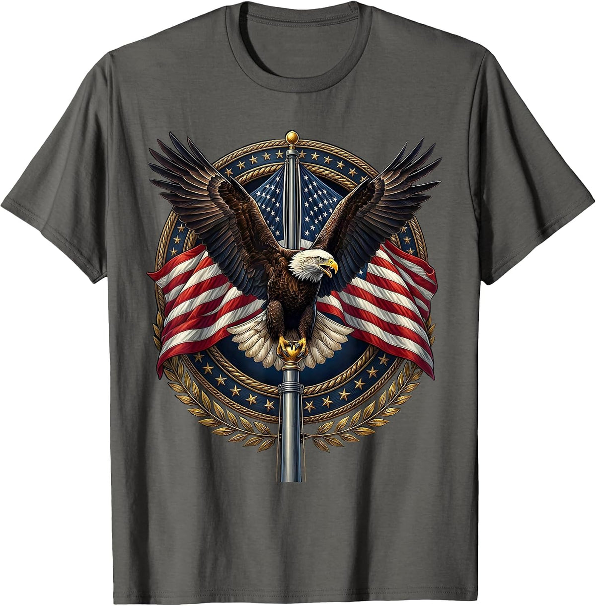 Men's Bald Eagle American Flag Pole Patriotic Design T-Shirt - Asphalt Grey